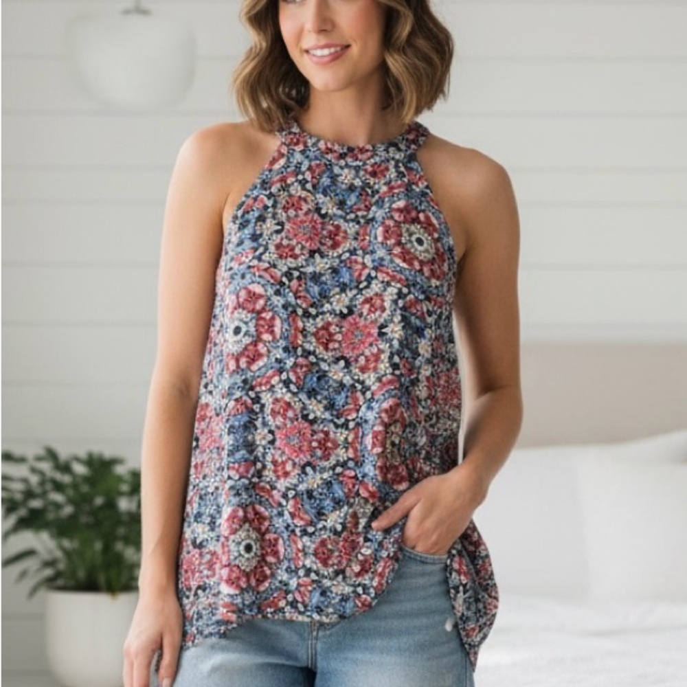 🌸 Paper Crane Sleeveless Floral High-Neck Top | Size Small 🌸